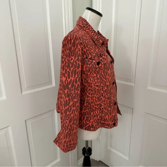 NWT MOTHER Puffy Bruiser Scooter Radioactive Paws Leopard Orange denim Jacket M - Picture 7 of 16